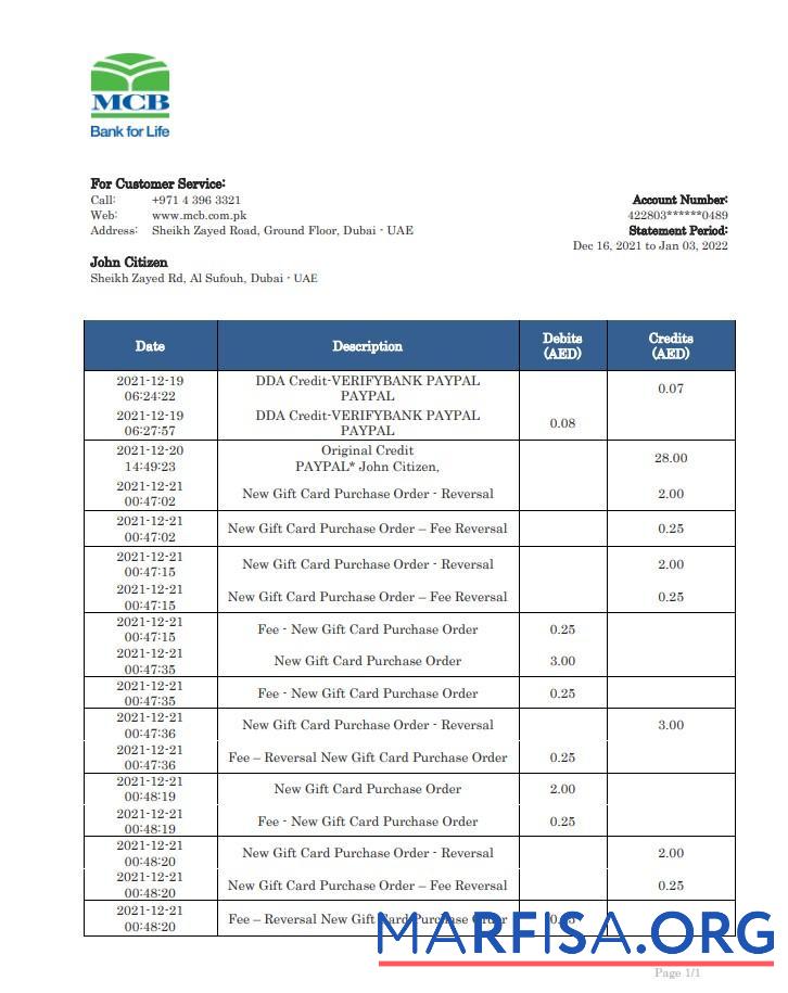 Realistic UAE MCB bank statement word example